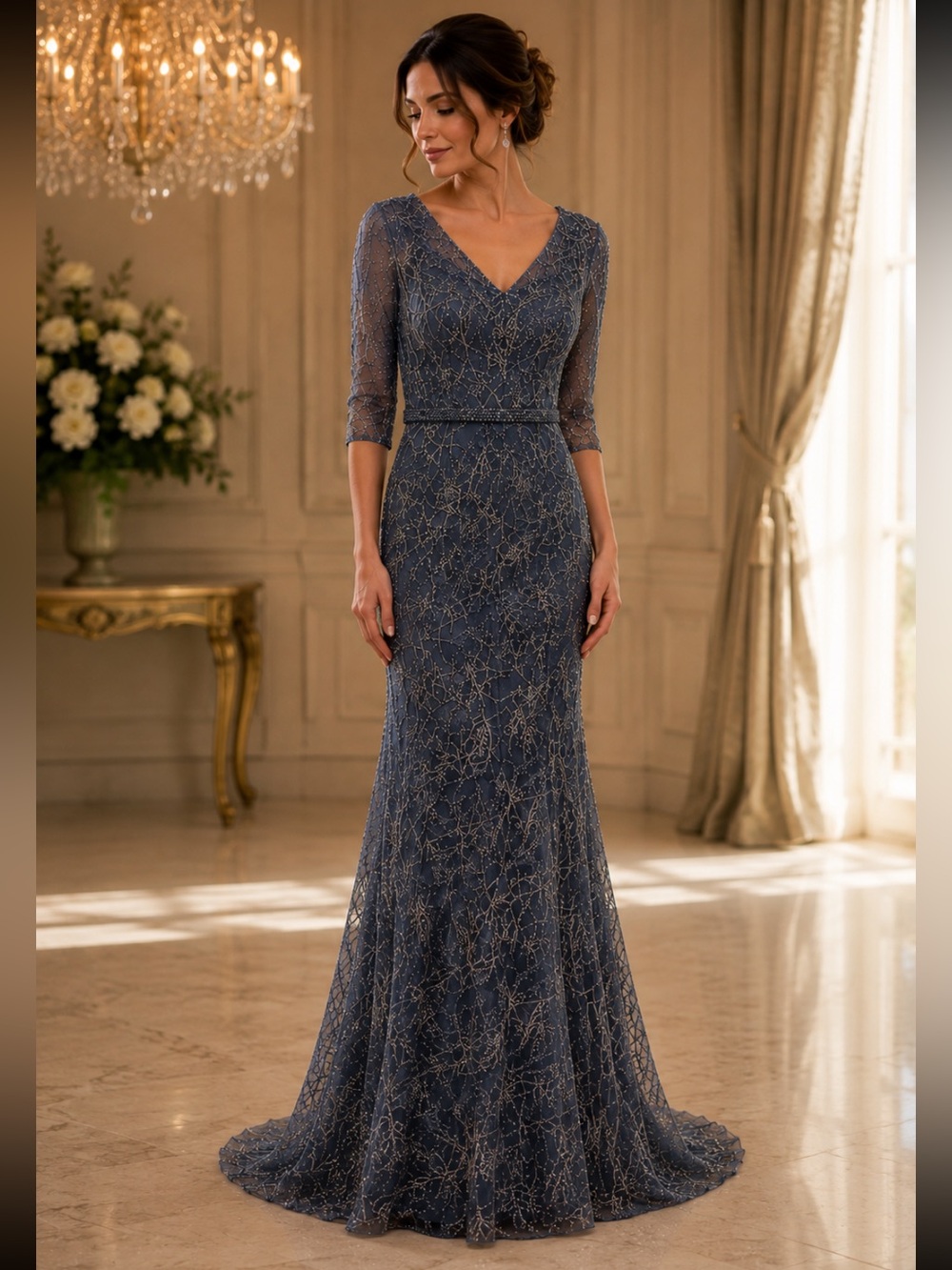 Montage by Mon Cheri elbow length Slate Blue Beaded V-Neck Evening Gown